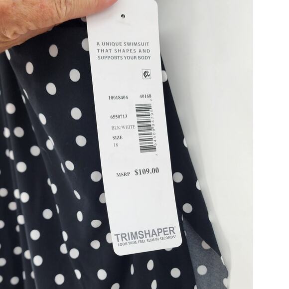 New NWT Trimshaper One Piece Plus Size Polka Dot Swimsuit Dress 18 Black White - Picture 15 of 15